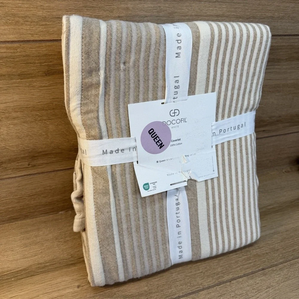 DOCOFIL White Coverlet 100% Cotton QUEEN Quilt Blanket Beige Stripes